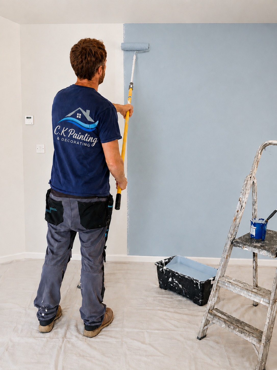 Painter of CK Painting rolling fresh blue paint onto an interior wall